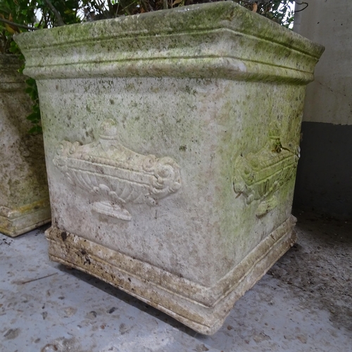 3310 - A pair of square weathered concrete garden planters. 29x31cm.