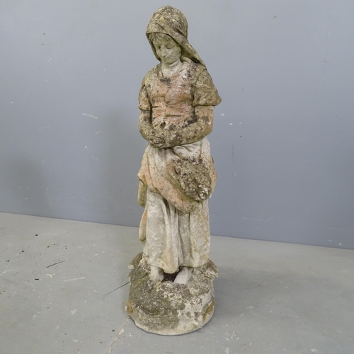 3321 - A weathered concrete garden statue, study of a woman holding a wheatsheaf. Height 72cm.