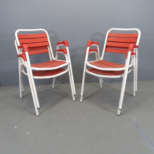 3323 - A set of four painted tubular metal garden chairs with wooden slat seats and backs.