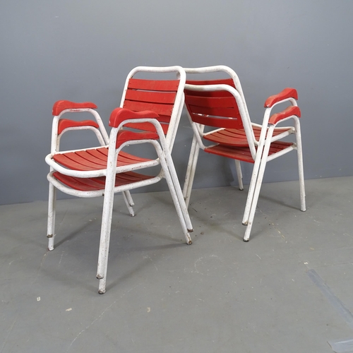 3323 - A set of four painted tubular metal garden chairs with wooden slat seats and backs.