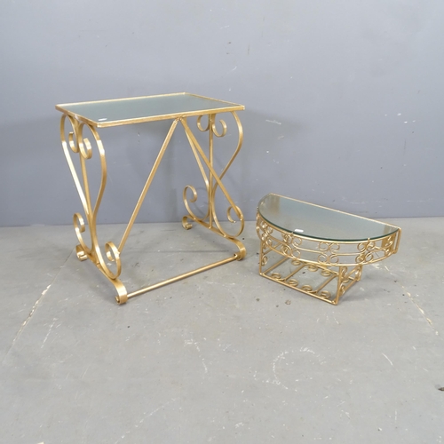 3326 - A gilt painted side table with inset frosted glass top, 51x59x38cm, and a similar demi-lune wall she... 