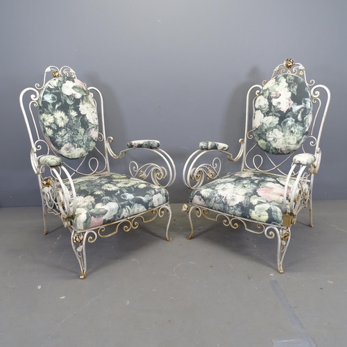 3337 - A pair of mid-century French wrought-iron conservatory lounge chairs, with scroll arms, in the manne... 