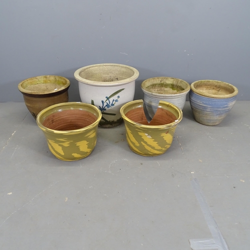 3340 - Six various glazed ceramic garden plant pots, one A/F. Largest 49x41cm.