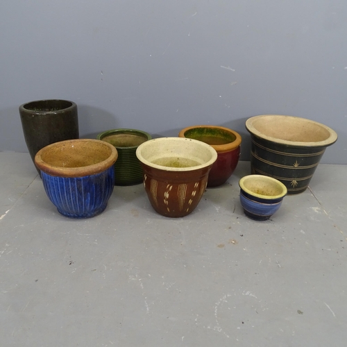 3342 - Seven various glazed ceramic plant pots. Largest 38x26cm.