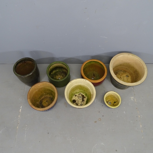 3342 - Seven various glazed ceramic plant pots. Largest 38x26cm.