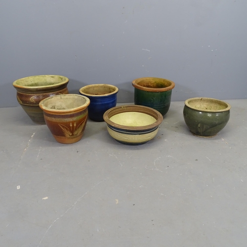 3343 - Six various glazed ceramic plant pots. Largest 37x30cm.