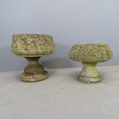 3350 - Two similar two-section garden urns on stands. Largest 43x46cm.