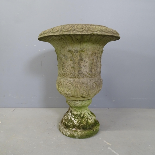 3351 - A weathered concrete Campana style urn on stand. 42x55cm.