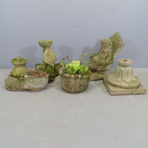 3352 - A weathered concrete garden urn, a boot, three bases and a gnome, height 45cm. (6)