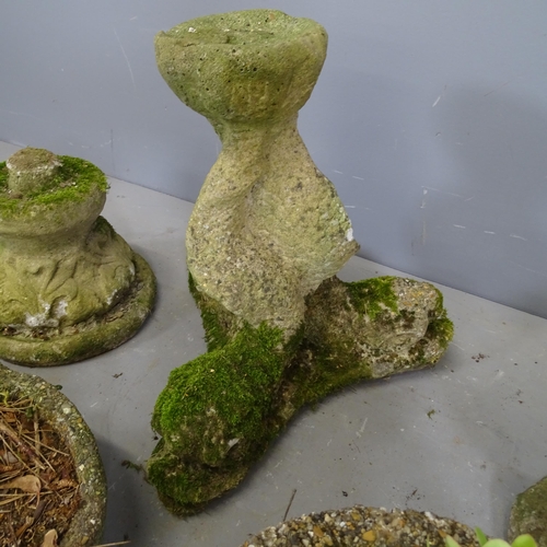 3352 - A weathered concrete garden urn, a boot, three bases and a gnome, height 45cm. (6)