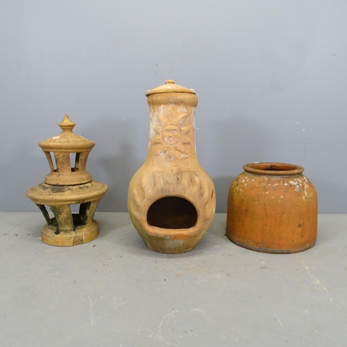 3355 - A terracotta pagoda garden ornament, a chiminea, height 65cm, and bell cloche.