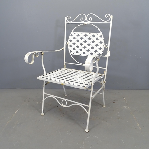 3356 - A painted metal folding garden armchair with lattice seat and back panels.