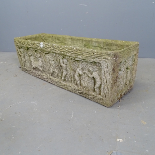 3358 - A weathered concrete rectangular garden planter with classical designs. 80x25x26cm.