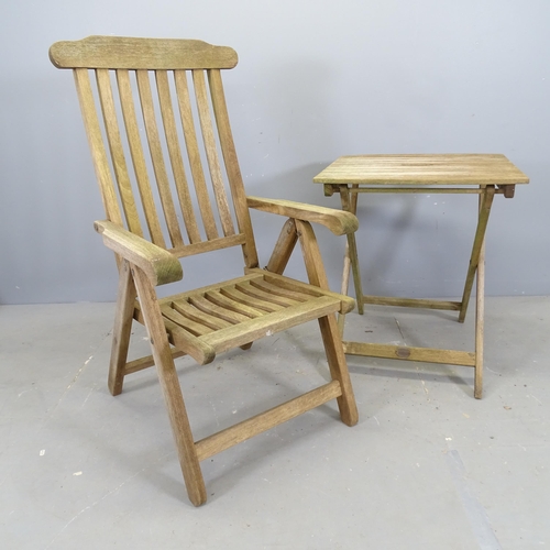 3360 - LISTER FOR HARRODS - A weathered teak folding garden table, 60x71cm, and matching chair. (2) A/F... 