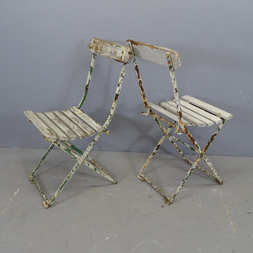 3369 - A set of six Parisienne folding bistro café chairs, with teak slats on metal base.