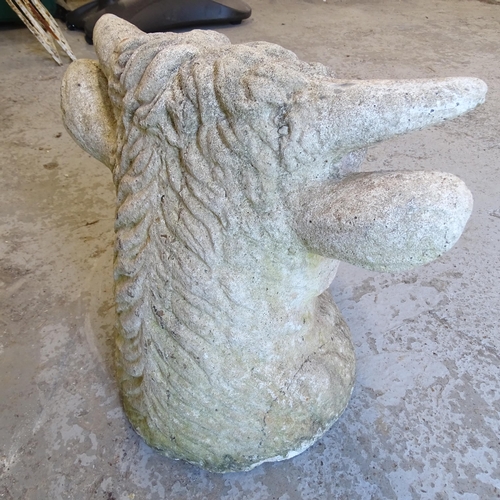 3382 - A large stone bulls head gatepost topper. 50x46x38cm