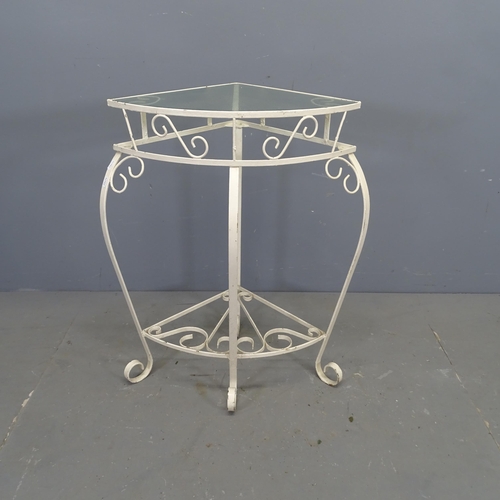 3383 - A painted wrought metal corner console table with inset glass top. 63x79x46cm.