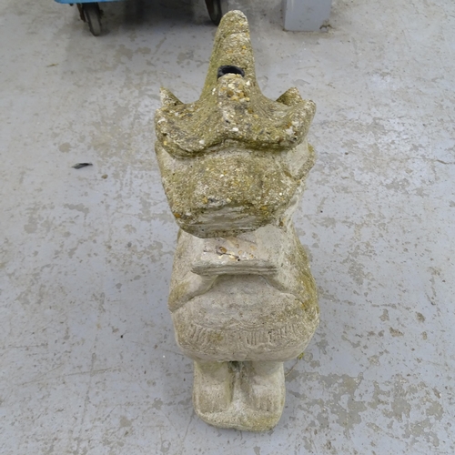 3388 - A weathered concrete water feature in the form of a Chinese Dog of Fo and a garden knome (2). Height... 