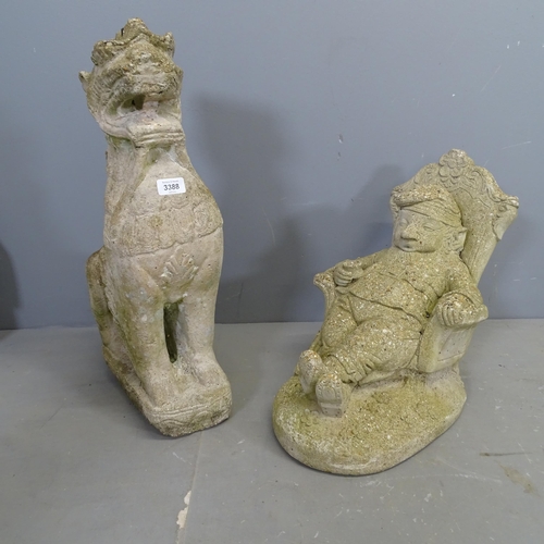 3388 - A weathered concrete water feature in the form of a Chinese Dog of Fo and a garden knome (2). Height... 