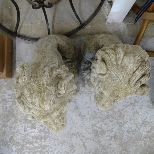 3399 - A pair of moulded stone lion statues. Height 64cm.