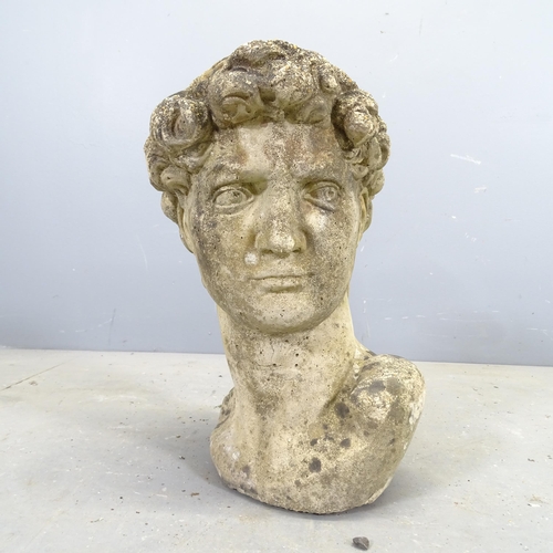 3403 - A weathered concrete bust, study of Michelangelo's David. Height 42cm.