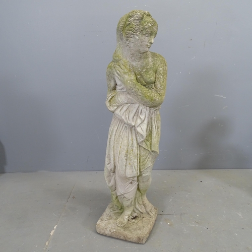 3407 - A weathered concrete garden statue, study of a lady. Height 81cm.