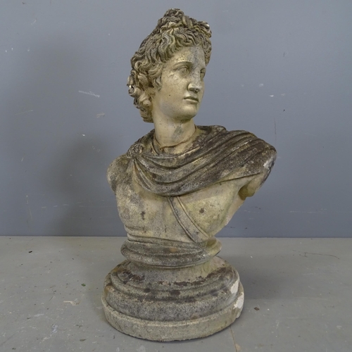 3408 - A weathered concrete bust, study of Apollo. Height 53cm.