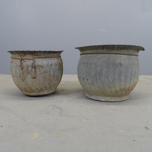 3411 - A pair of cast metal planters, with fluted and rope twist decoration. Largest 30x22cm.