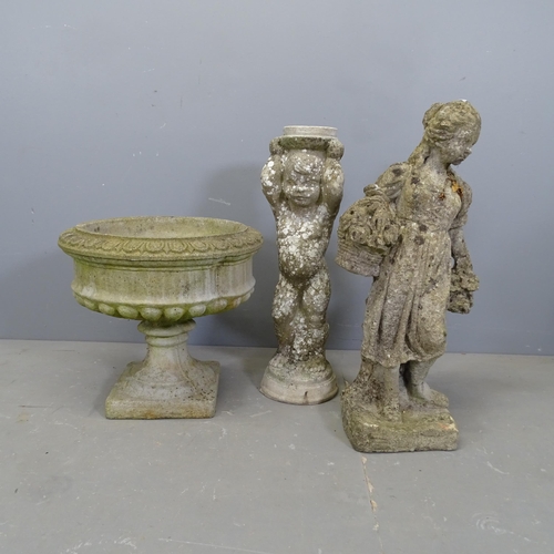 3424 - A weathered concrete two-section garden urn, a plinth in the form of a cherub and a concrete statue.... 