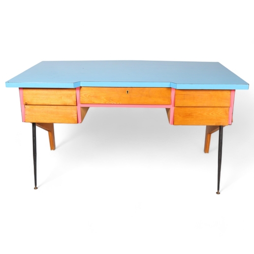 81 - ** Description change** A mid 20th century  desk, with beech ply body, pine fronted drawers with sol... 