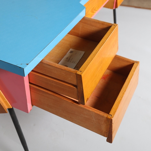 81 - ** Description change** A mid 20th century  desk, with beech ply body, pine fronted drawers with sol... 