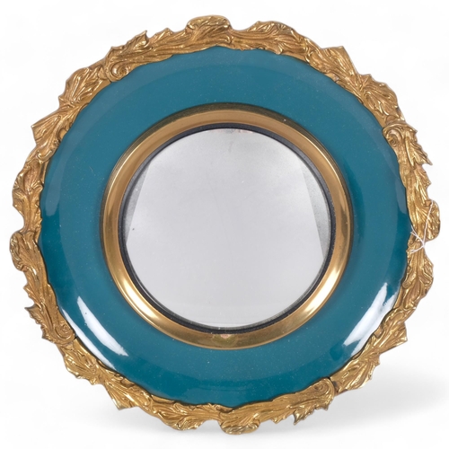 110 - A mid-century turquoise and gilt-metal convex mirror, diameter 48cm