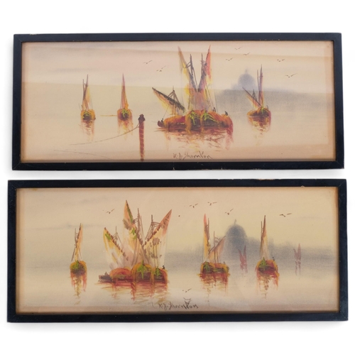 113 - K D Thornton, pair of watercolours, study of sailing boats, 39cm x 16.5cm overall, framed