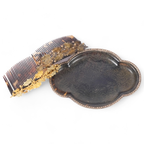 126 - An Antique tortoiseshell and silver-mounted pin dish, and a pair of Vintage tortoiseshell and floral... 