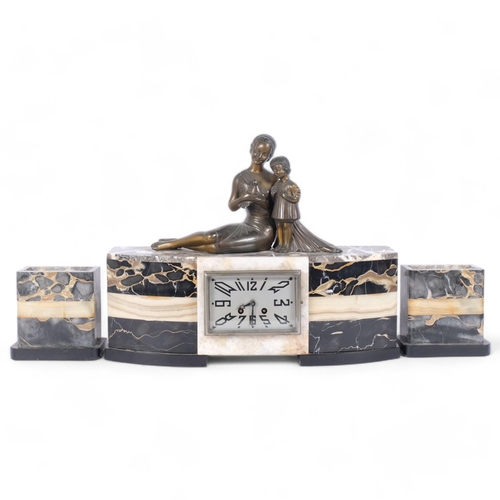 19 - An Art Deco coloured marble clock garniture, the clock surmounted by spelter mother and daughter gro... 