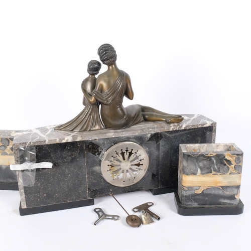 19 - An Art Deco coloured marble clock garniture, the clock surmounted by spelter mother and daughter gro... 