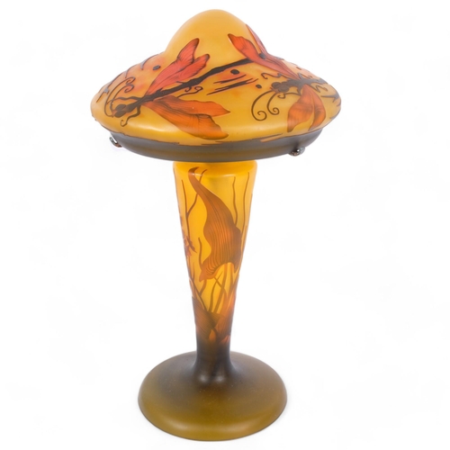 2 - A large reproduction Galle style Art Nouveau cameo glass table lamp, with shaped shade and tapered b... 