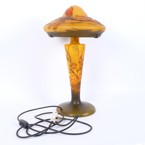 2 - A large reproduction Galle style Art Nouveau cameo glass table lamp, with shaped shade and tapered b... 