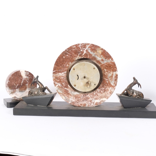 20 - An Art Deco coloured marble and slate clock garniture set, W46cm