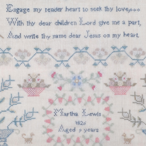 37 - A 19th century needlework sampler, by Martha Lewis, aged 9 years, dated 1826, ebonised frame, 36.5cm... 