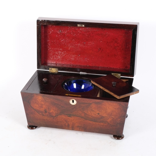 48 - A Regency rosewood sarcophagus tea caddy, with 2 fitted inner lids and associated mixing bowl, W30cm