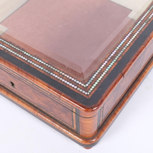 5 - An Antique figured walnut square table-top display box of small size, the lid fitted with a bevelled... 