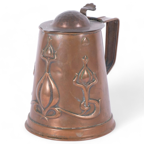 9 - Joseph Sankey & Sons, an Art Nouveau copper lidded water jug, with stylised decoration, H14cm, with ... 