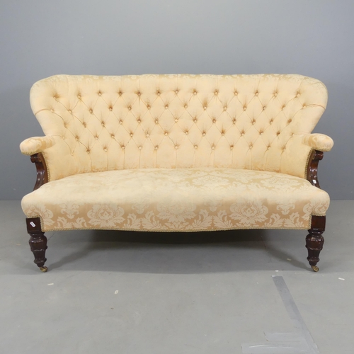 2279 - A late Victorian mahogany and button-back upholstered settee. Overall 168x93x85cm, seat 128x40x60cm.