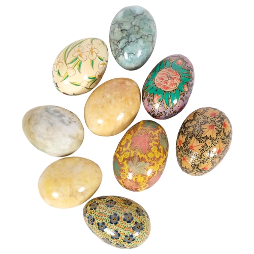 931 - A selection of 9 various decorative and hand painted ornate eggs