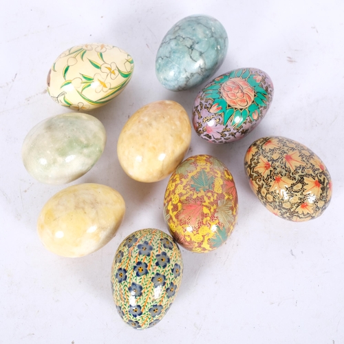 931 - A selection of 9 various decorative and hand painted ornate eggs