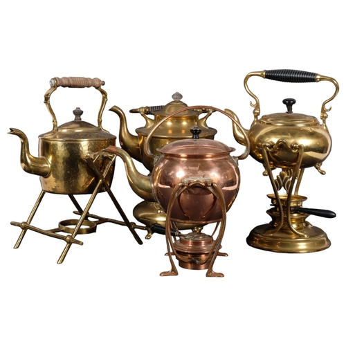 981 - 3 brass spirit kettles on stands, 2 with burners, and a copper spirit kettle on stand with burner