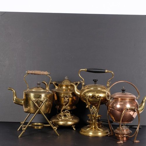 981 - 3 brass spirit kettles on stands, 2 with burners, and a copper spirit kettle on stand with burner