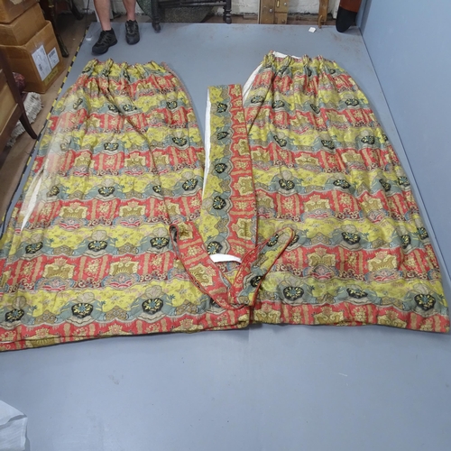 2327 - 2 pairs of lined, interlined, padded and weighted oriental design curtains, purchased from a Surrey ... 