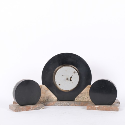 21 - An Art Deco coloured marble clock garniture set, L42cm